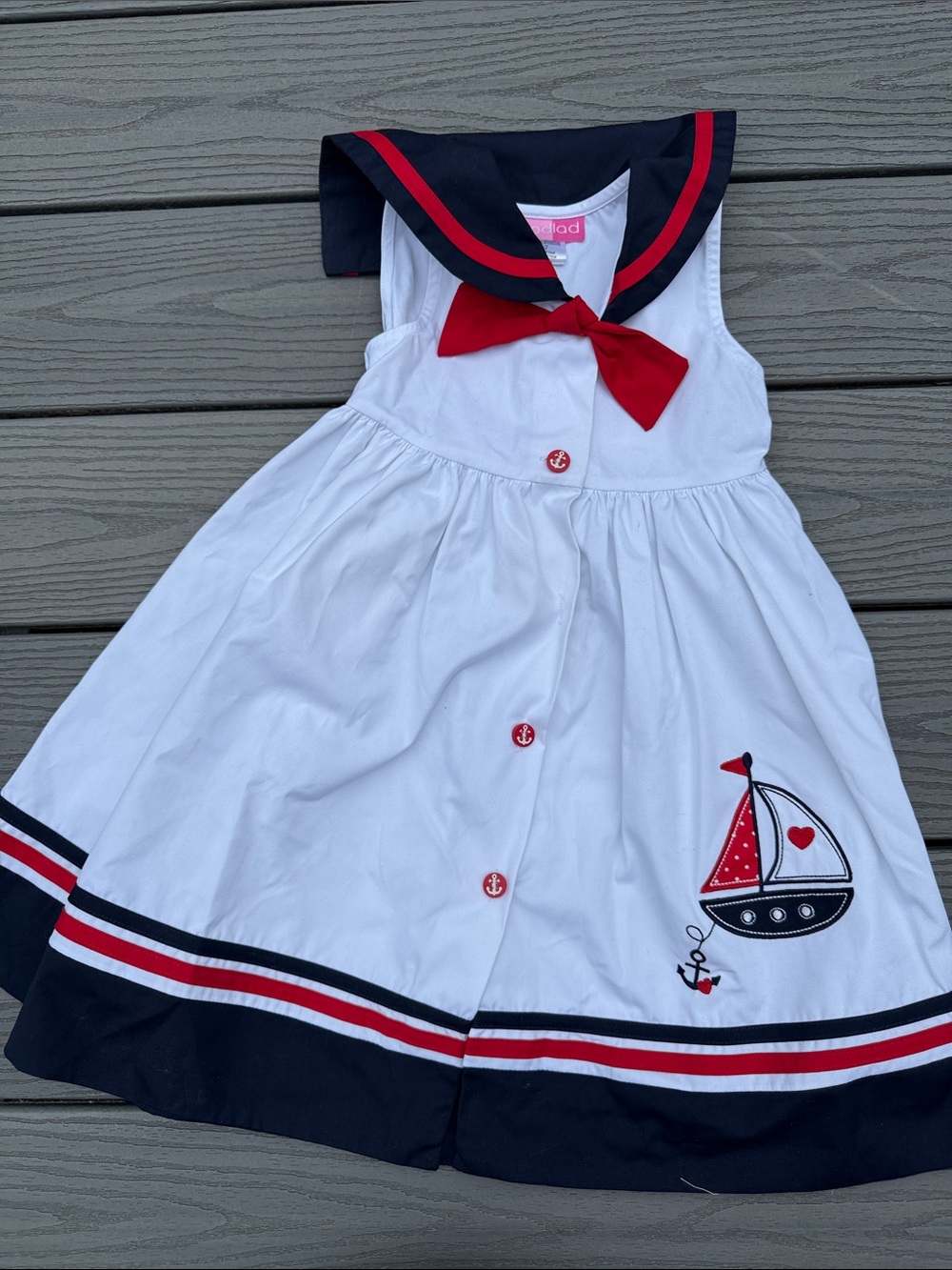 Good Lad White Nautical Sailboat Dress with Navy Trim and Red Bow